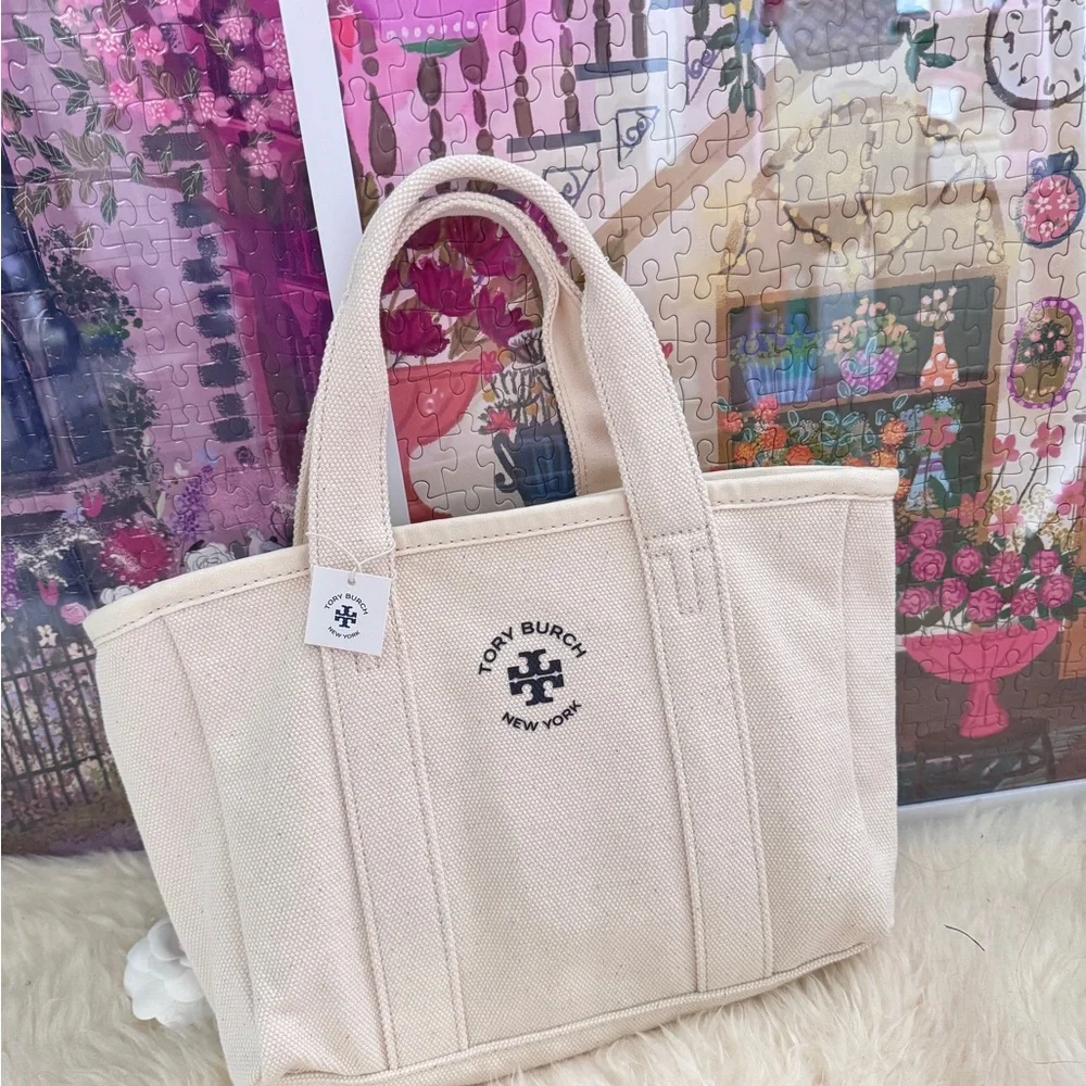 Tory Burch Natural Canvas Mini Tote Bag - Picture 2 of 14